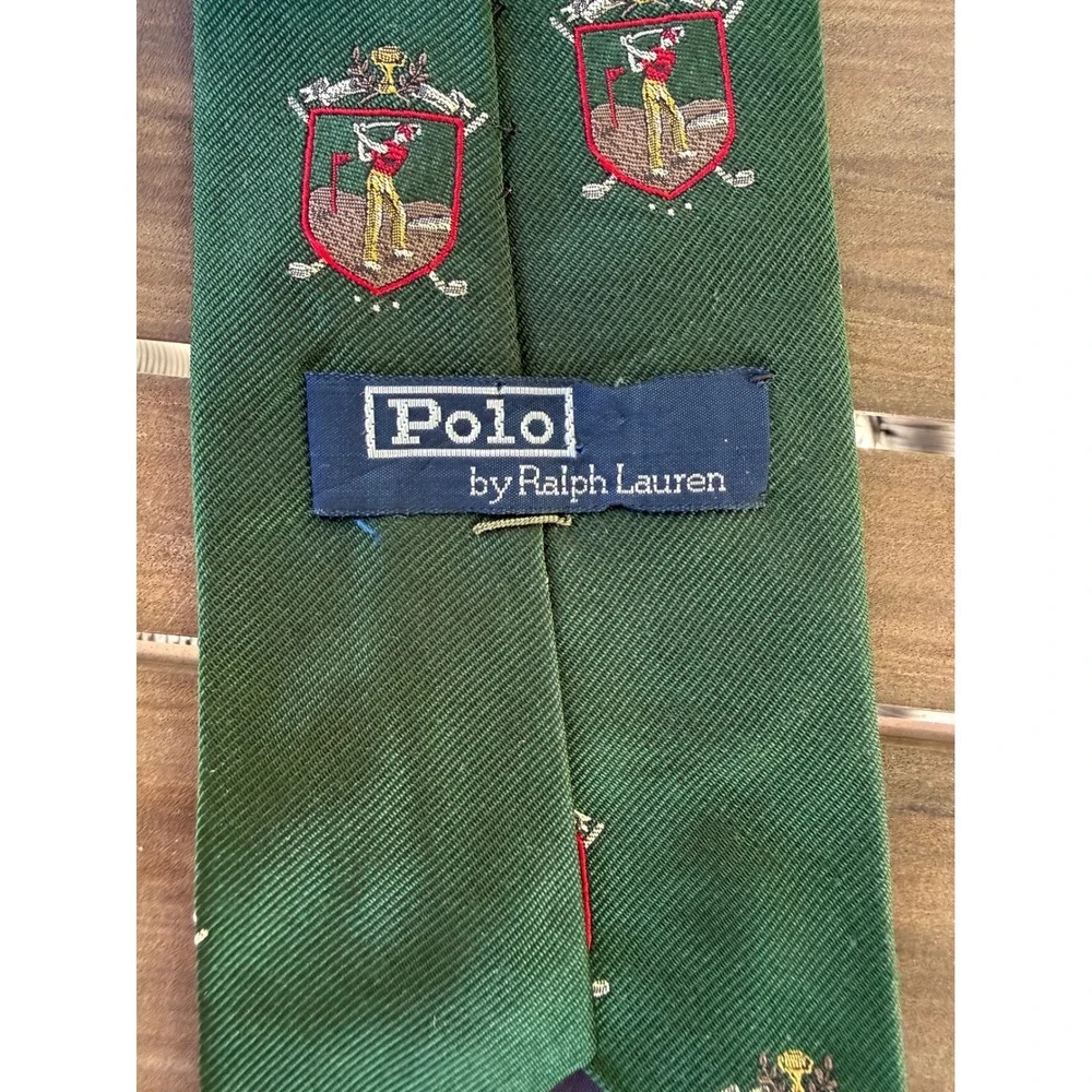 Vintage Polo Ralph Lauren‎ Mens Silk Tie Green Golf Crest Made in USA Hand Made